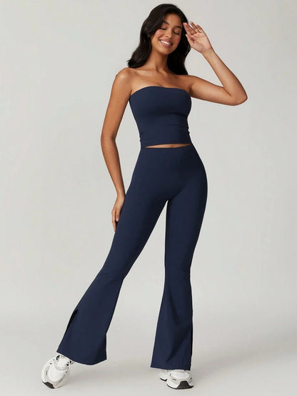 Aurora Navy Blue Tube Top + Flare Legging Set