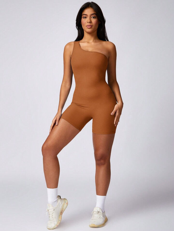 Skynniao Single Shoulder Brown Active Romper